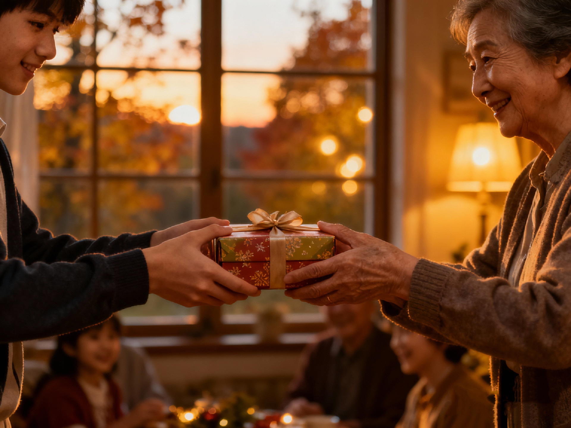 1761890664137089.png jimeng-2025-10-17-8781-温馨情感场景,一双年轻的手将一份精美的礼盒递给一双长辈的手,背景是秋日傍晚的窗景....png