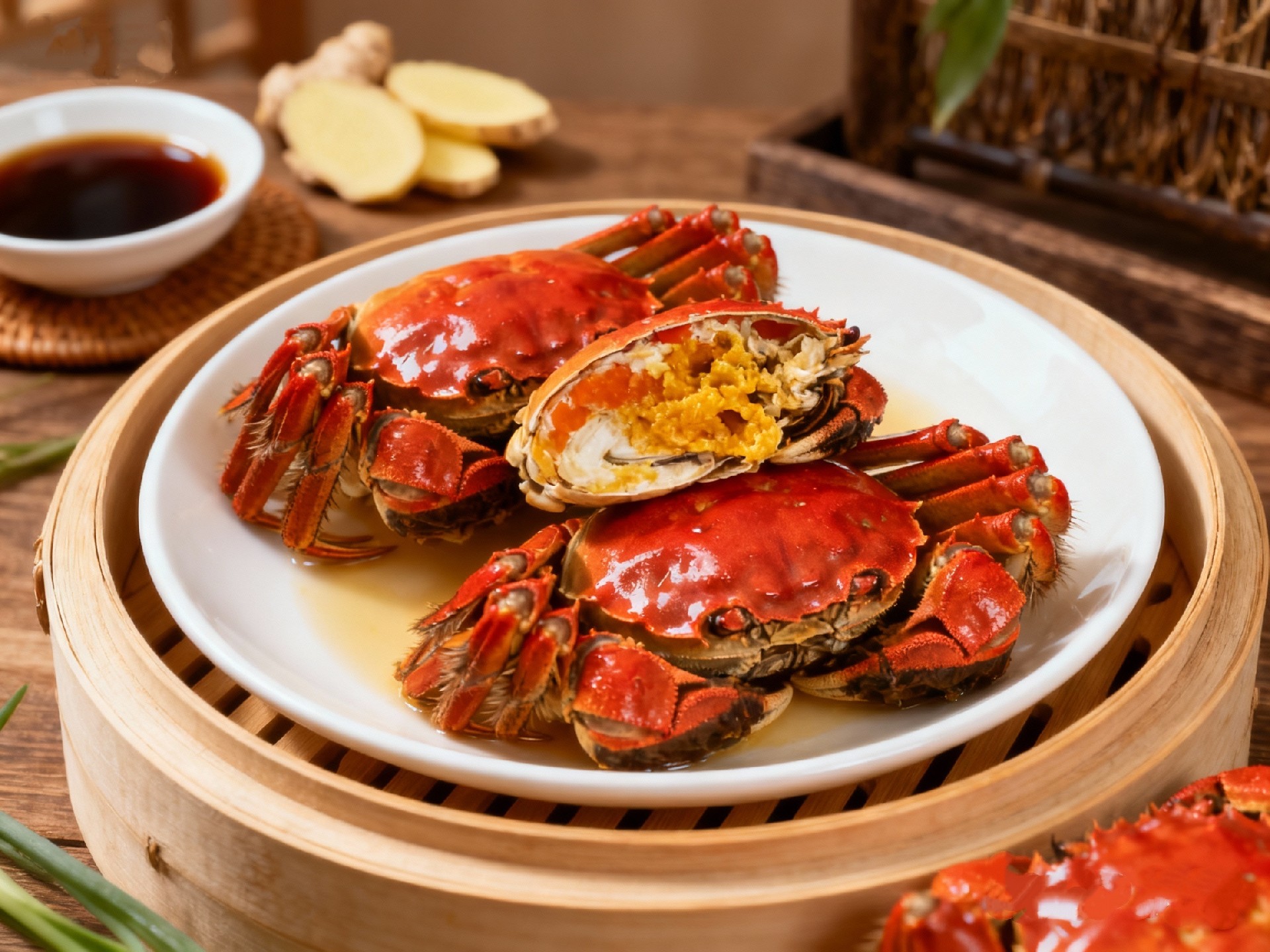 1761983360812768.jpg jimeng-2025-10-17-3112-美食摄影,一盘刚蒸好的大闸蟹,蟹壳红亮饱满,蟹黄充盈,旁边配有一小碟姜醋汁和几片....jpg
