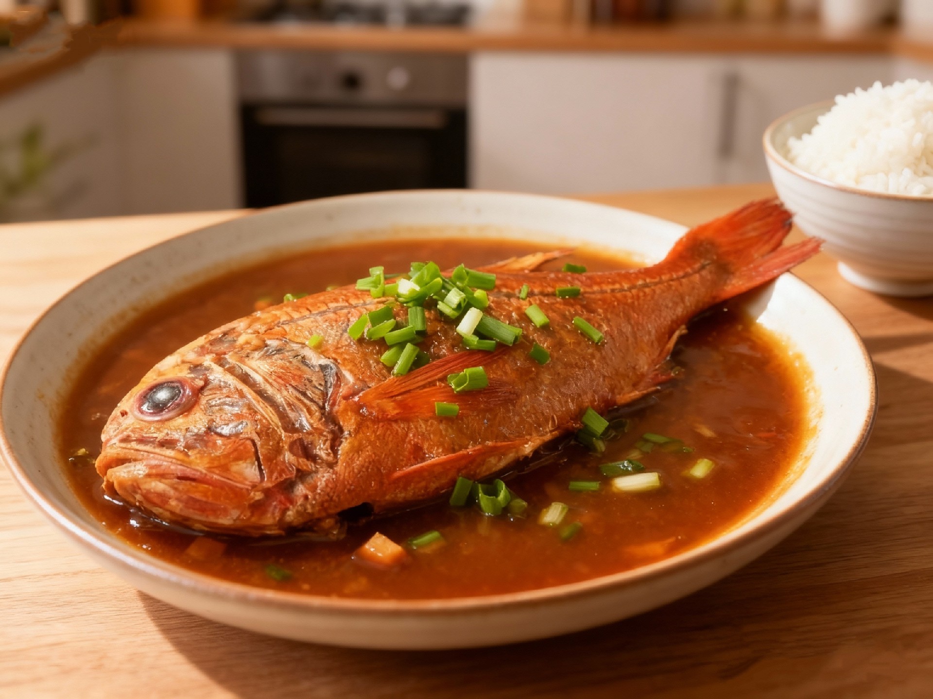 1761983686561278.jpg jimeng-2025-10-17-6459-中式红烧鱼特写,一条完整的长寿鱼浸在酱色浓郁的汤汁中,鱼肉细嫩,表面撒有翠绿葱花....jpg