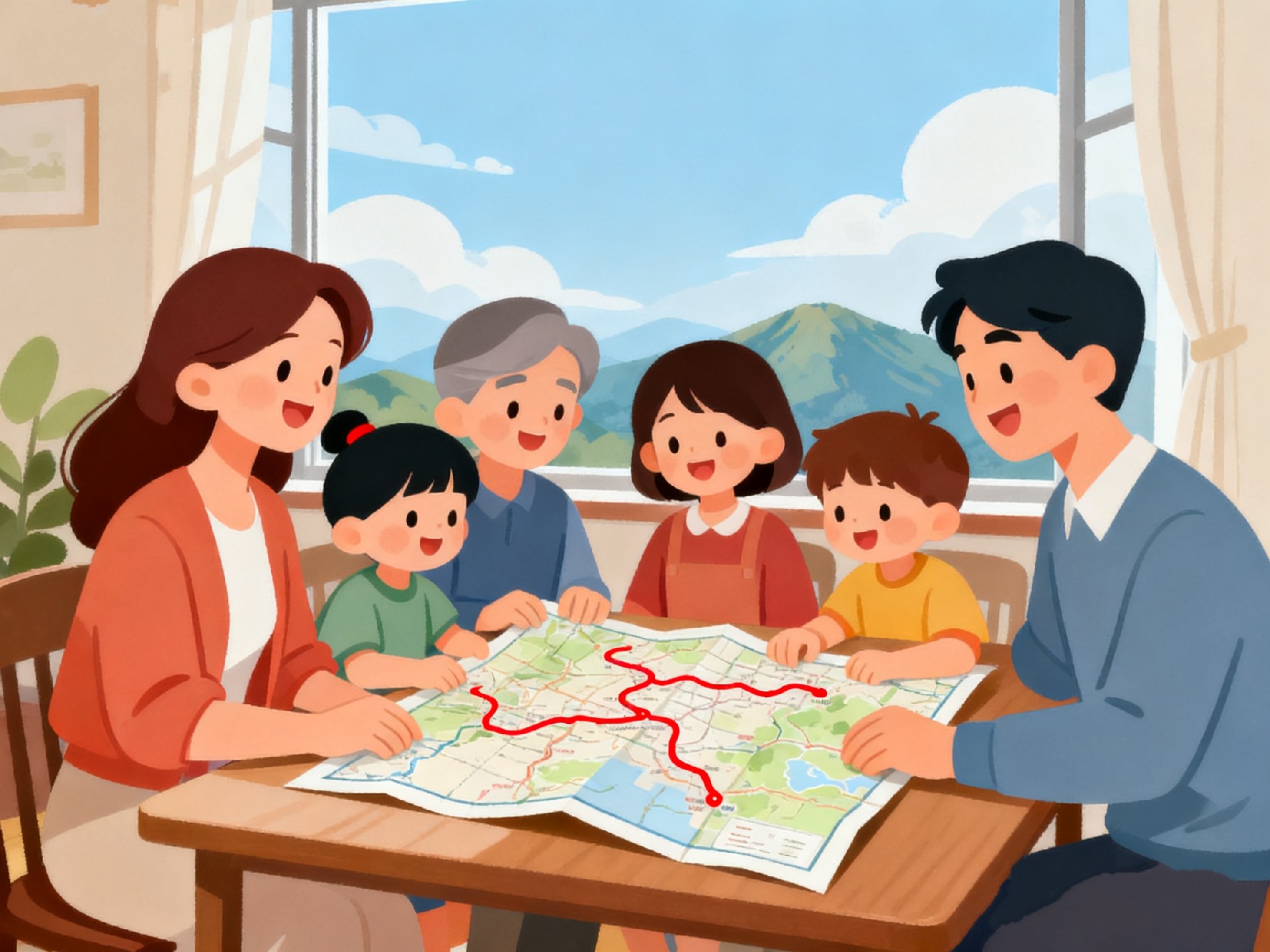 1762235325138173.jpg jimeng-2025-09-24-7232-全家人在桌前一起查看地图,地图上画着红色的旅行路线,窗外是晴朗的天气和远山。温馨....jpg