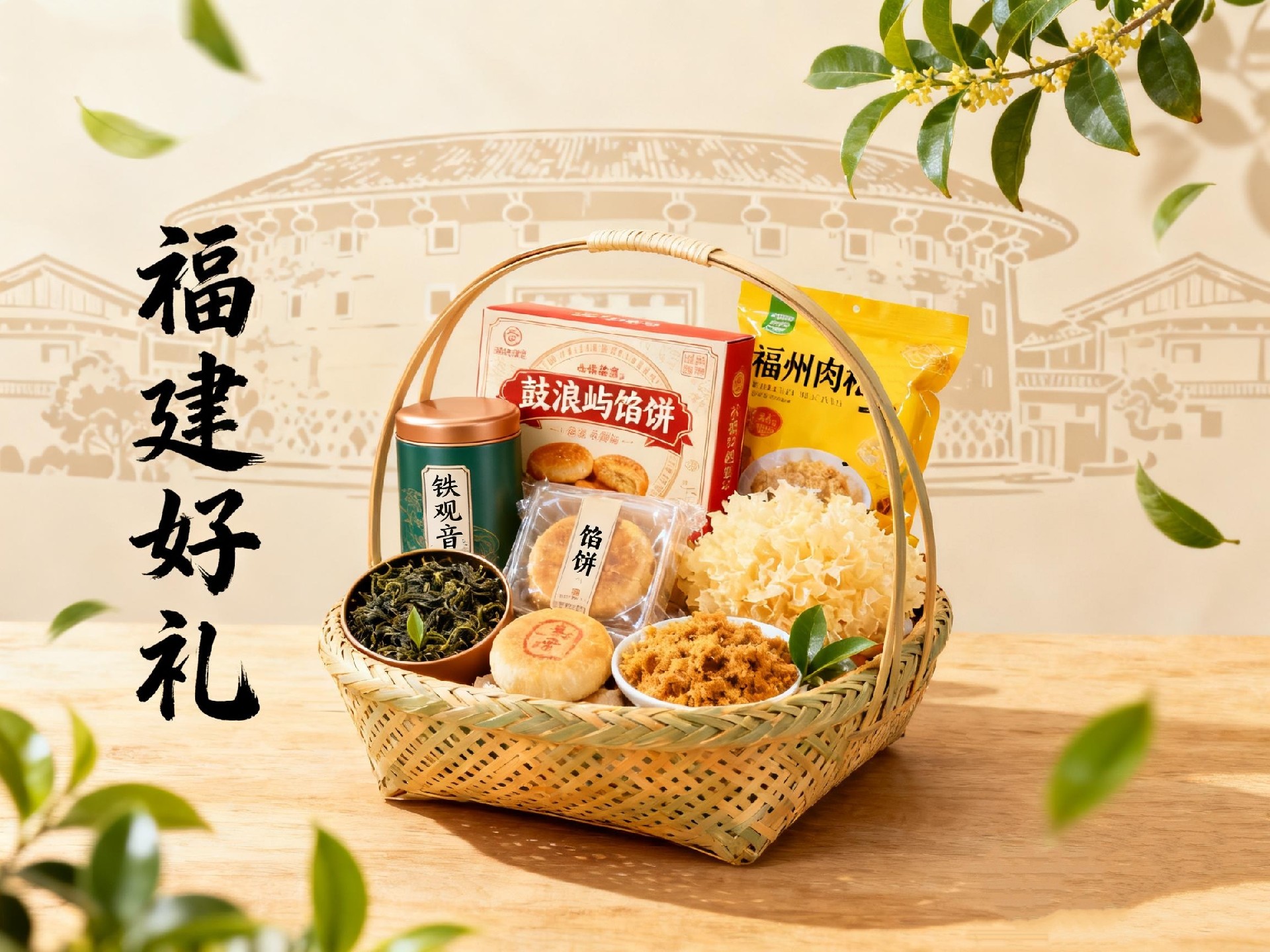 1762235451195145.jpg jimeng-2025-09-25-7719-温馨的国庆节送礼场景,特写:一个精美的竹编礼篮,里面装有福建特色礼品,如铁观音茶....jpg